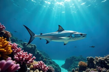Silver barracuda school over vibrant coral reef, animal, ecosystem, photography