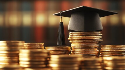 Graduation cap atop piles of golden coins.