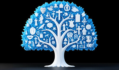 Artistic Tree with Spiritual Symbols and Icons on Blue Background