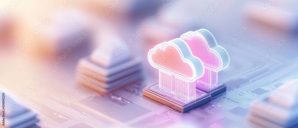 Poster a digital illustration of stylized cloud icons representing cloud computing, surrounded by abstract 