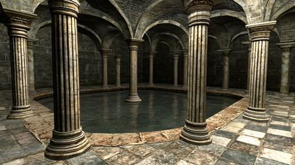 Ancient Circular Stone Room With Columns and Still Water
