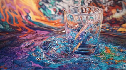 Water pouring glass vibrant abstract background refreshment