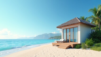 Fototapeta premium A beachfront bungalow with a thatched roof sits on a sandy beach, overlooking a turquoise ocean with distant mountains and lush greenery.