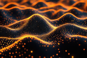 Abstract visualization of glowing orange waves with particles on a dark background, creating a dynamic flow