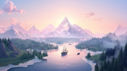A serene landscape featuring mountains, a river, and a sailing ship under a pastel sky at sunrise, evoking tranquility and adventure.