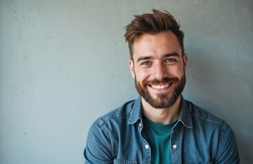 Obraz premium Handsome smiling bearded man portrait against grey wall, copy space. Attractive cheerful guy with modern haircut. Positive emotions, open face, happy expression, lifestyle concepts. Blue denim shirt,