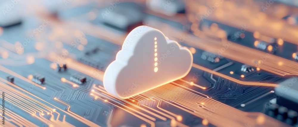 Poster a digital cloud symbol on a circuit board, representing cloud computing, data storage, and modern te
