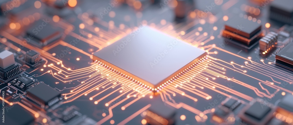 Poster a close-up view of a computer chip on a circuit board, featuring glowing connections and intricate p