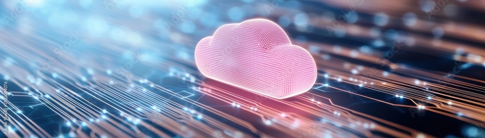 Poster a digital representation of a pink cloud symbolizing cloud computing, embedded in a matrix of glowin