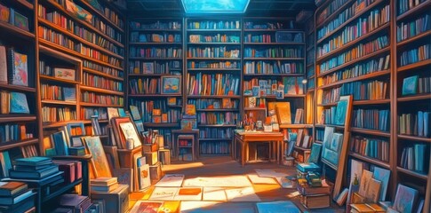 A well stocked library room filled with books and art displays