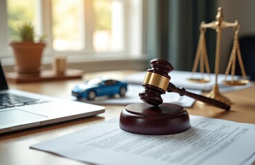 Lawyer gavel, scale of justice, toy car on desk represent accident insurance money, court action, auction. Judge hammer as legal symbol of judgement, law, crime, government. Legal liability lawsuit,