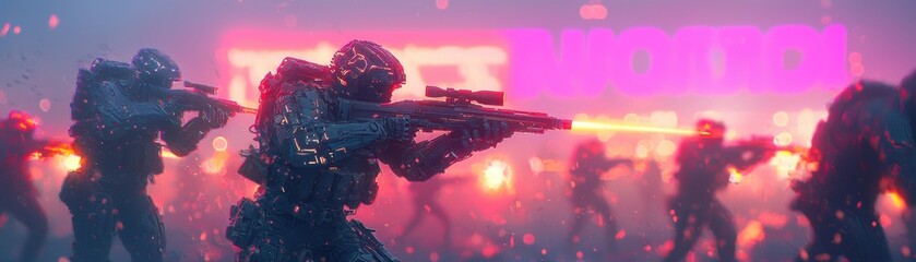 A futuristic scene depicting armed soldiers in a neon-lit urban environment, engaged in an intense operation against a vibrant, glowing backdrop.