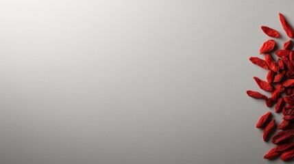 Ripe goji berries arranged neatly on a smooth white surface, illuminated by gentle lighting that accentuates their bright red color and natural texture