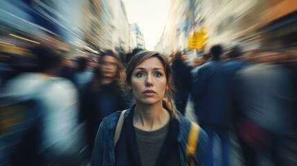 Confused woman have panic attack on city street among crowd. Girl have fear of people, social anxiety, phobia. Disease mental health problem. Psychological help. Time lapse walk. Lost in big town.
