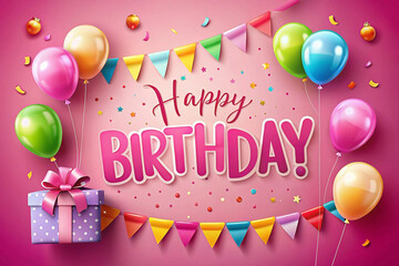 Festive pink birthday card with balloons, gift, confetti, and bunting.