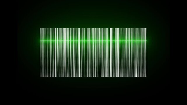 A barcode scanner icon animation features a scanning line moving horizontally across the barcode, followed by a glow effect, indicating successful scanning with a checkmark or beep sound.