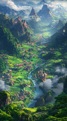 Obraz premium Lush Green Valley Landscape with Winding River and Mountain Peaks