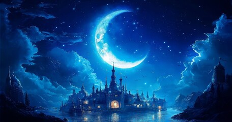 Tranquil Blue Light Enhances Nighttime Landscape.