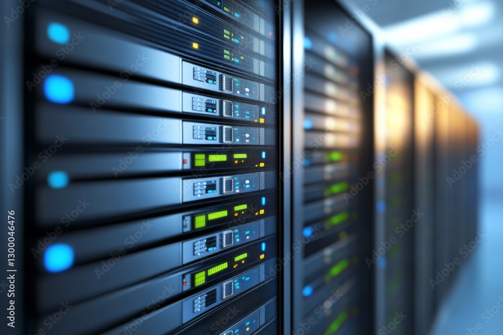 Poster a high-tech server rack features blinking blue and green lights and organized cables, with space on 