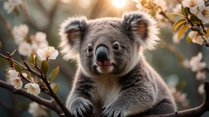 Fototapeta premium A close-up of a koala sitting on a branch surrounded by flowers in a serene setting.
