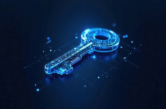 Futuristic blue cyber key on digital grid background
