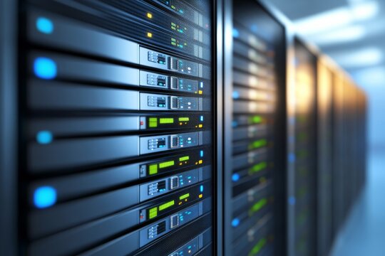 A high-tech server rack features blinking blue and green lights and organized cables, with space on the right for extra information - Powered by Adobe