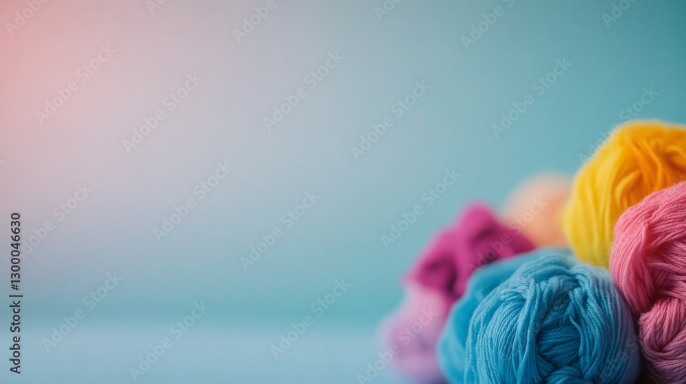 Poster close-up view of vibrant yarn balls arranged neatly against a pastel backdrop, creating a cheerful a