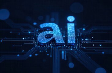 Glowing ai letters on dark circuit board background with blue digital elements
