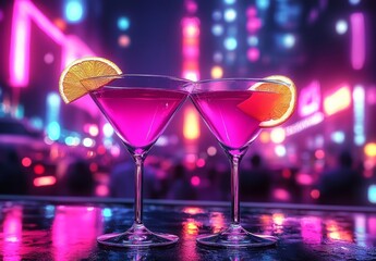 An inviting atmosphere of a nightclub accentuated by two vibrant martinis.