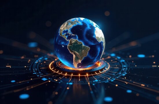 Futuristic digital earth globe with technological interface and data visualization