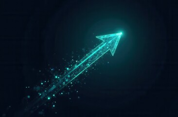 Futuristic digital arrow with particle trail on dark background