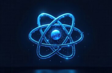 Glowing blue atomic structure with orbiting electrons on dark background