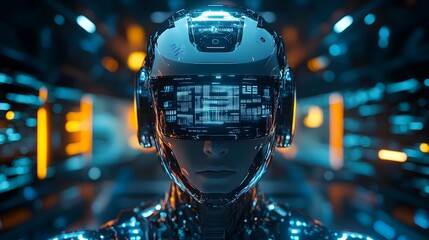 futuristic cyborg with glowing blue visor looking straight into the camera, data stream background