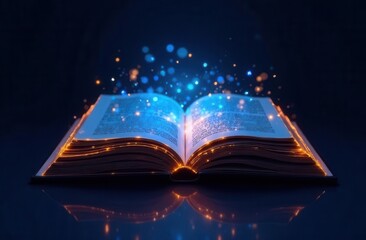 Enchanted glowing book with sparkling light orbs on dark background