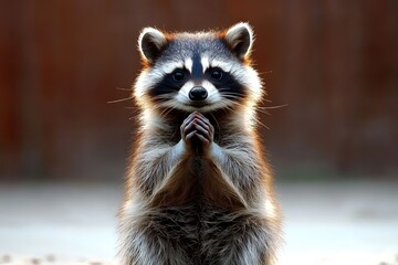 Fototapeta premium Adorable raccoon standing with paws together, set against a softly blurred natural background