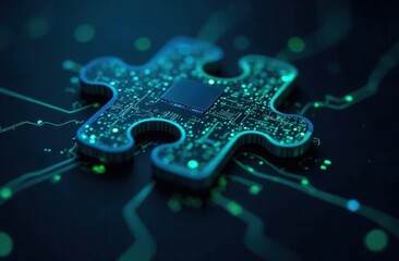 Futuristic circuit puzzle piece on digital circuit board
