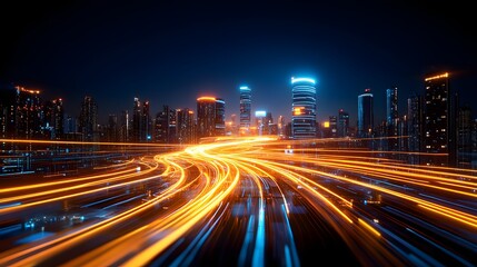 Fototapeta premium city at night with light trails of cars in the foreground and skyscrapers in the background