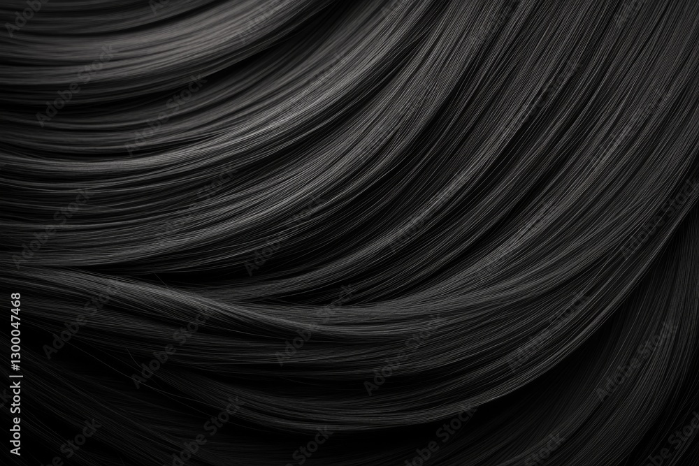 Poster Glossy dark hair flows smoothly, displaying its shine and healthy texture under soft, diffused light. The composition offers ideal empty space for additional text