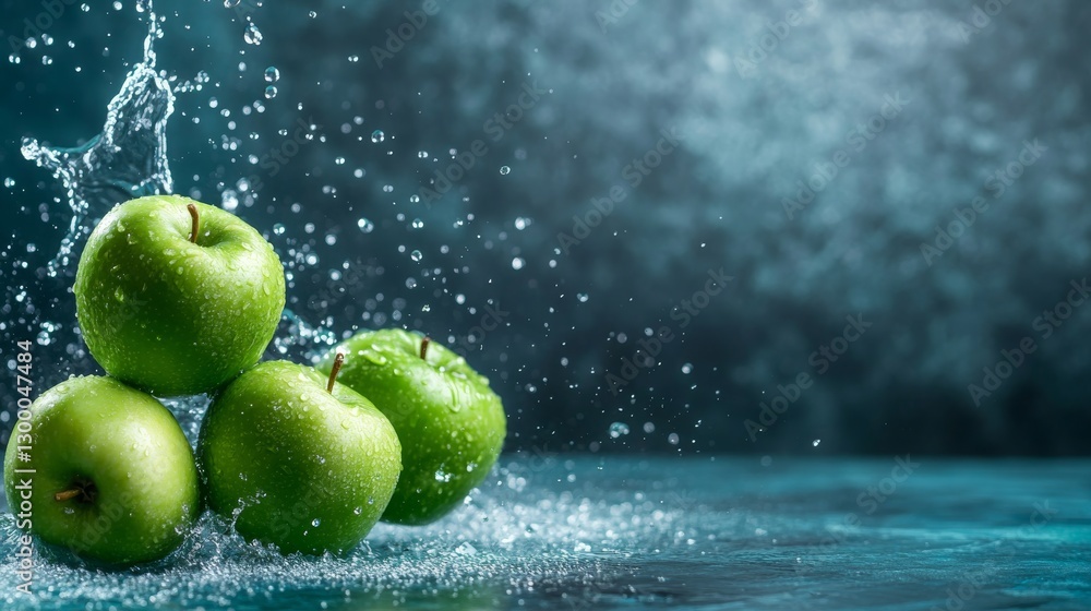 Poster green apples hover in mid-air, surrounded by water droplets that enhance their freshness, with soft 