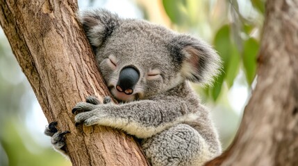 Obraz premium Sleepy baby koala tree crook wildlife photo australian bush close-up view nature's beauty