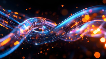 a network cable with digital data flowing through it. The cable glows with data transfer, showing technological progress 