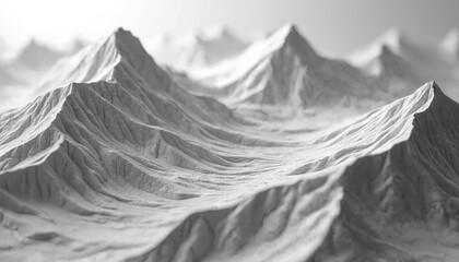 Illustration of mountain relief landscape in light grey color, wavy rugged structure. Great for backdrop, 3D render, geographic, topographic, geology or travel backgrounds. Business concept graphic.