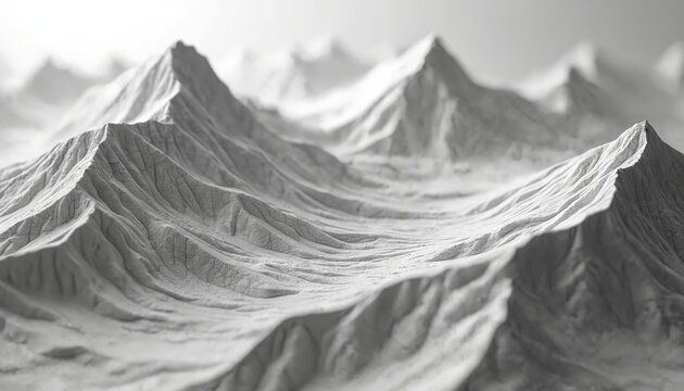 Illustration of mountain relief landscape in light grey color, wavy rugged structure. Great for backdrop, 3D render, geographic, topographic, geology or travel backgrounds. Business concept graphic.