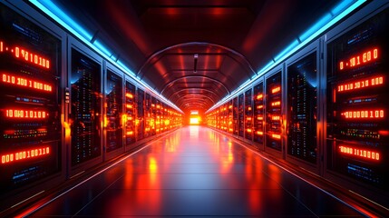 Obraz premium a futuristic data center corridor bathed in red and blue light, showcasing a technological hub 