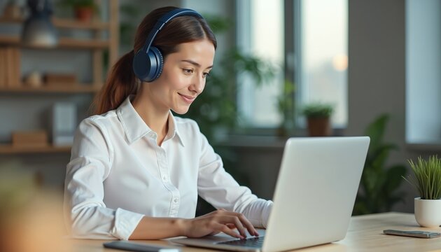 Young woman wearing headphones communicates by video conference on laptop. Smiling employee works at home office during quarantine. Confident businesswoman online meeting. Remote work, workspace,