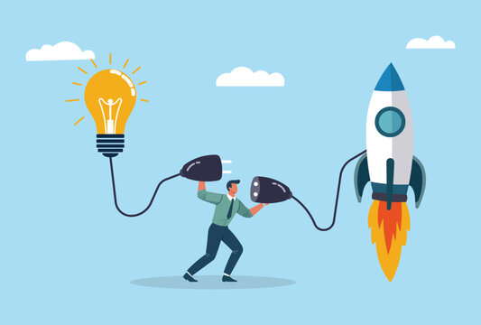 Business innovation concept illustration. Man connecting a light bulb to a rocket with a power plug, symbolizing startup growth, creativity, technology, and success. Vector flat design.