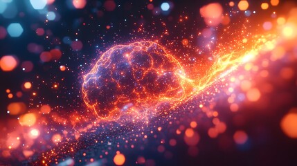 Fototapeta premium an abstract representation of a brain, formed of shimmering particles in a field of glowing bokeh lights.