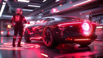 Naklejka premium a person stands proudly next to a futuristic, sleek, red-light car inside a high-tech garage