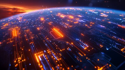 Obraz premium a view of planet earth with digital circuit board design. The planet is glowing with orange and blue lights, suggesting a connection to technology and globalization