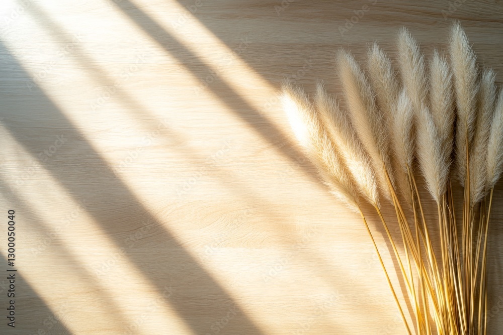 Poster neutral pampas grass and reeds are artfully arranged, bathed in gentle sunlight that casts soft shad